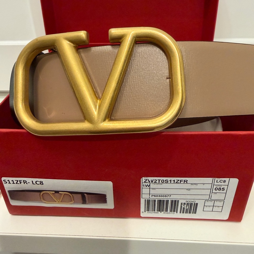 Valentino Tan Belt with Gold Logo Buckle